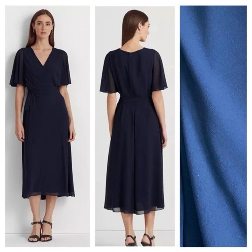 Lauren‎ Ralph Lauren Georgette Navy Chiffon Flutter Sleeve Wrap Dress  14